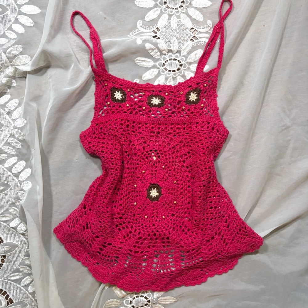 Y2K Fairy Crochet Camisole Top Pink Floral Beaded Boho Small